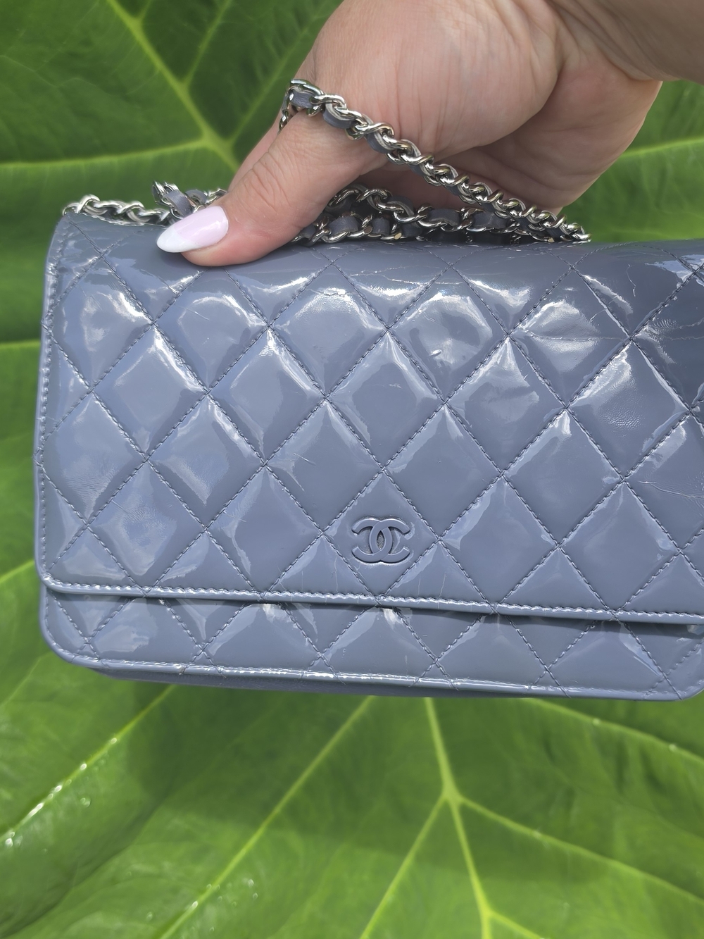 Chanel Quilted Blue Patent Leather Wallet on Chain AUTHENTICATED